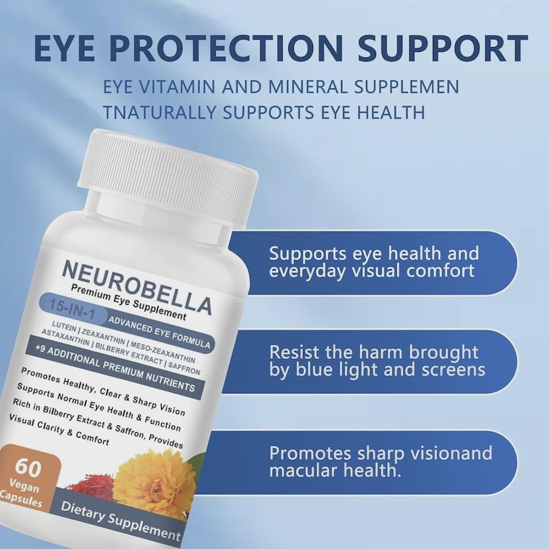 Puede incluir: Una botella blanca de suplemento ocular Neurobella con una etiqueta azul y blanca. La etiqueta enumera los ingredientes y beneficios, incluyendo el apoyo a la salud ocular y la protecci&oacute;n contra la luz azul. La botella contiene 60 c&aacute;psulas veganas.