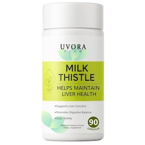 May include: A white bottle of UVORA FLOW Milk Thistle capsules. The label features green and white text, including "Helps Maintain Liver Health." It also lists benefits like supporting liver function and promoting digestive balance. The bottle contains 90 capsules.