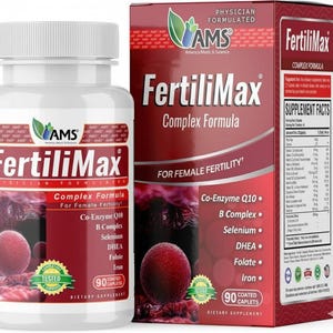 May include: A white bottle and a red box of FertiliMax Complex Formula dietary supplements. The bottle and box feature the text "FertiliMax" and "For Female Fertility". The bottle contains 90 coated caplets.