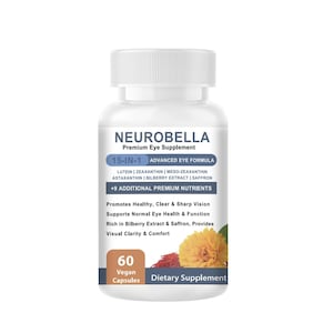 Puede incluir: Una botella blanca de Neurobella Premium Eye Supplement con tapa blanca. La etiqueta incluye el texto "15-IN-1 Advanced Eye Formula" y enumera los ingredientes. Tambi&eacute;n indica "60 C&aacute;psulas Veganas" y "Suplemento Diet&eacute;tico".