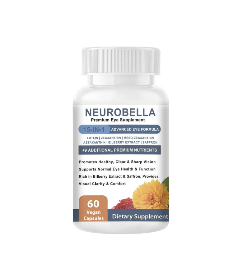 Puede incluir: Una botella blanca de Neurobella Premium Eye Supplement con tapa blanca. La etiqueta incluye el texto "15-IN-1 Advanced Eye Formula" y enumera los ingredientes. Tambi&eacute;n indica "60 C&aacute;psulas Veganas" y "Suplemento Diet&eacute;tico".
