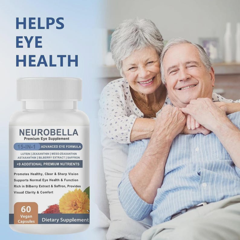 Puede incluir: Una botella blanca de suplemento ocular Neurobella con el texto "Helps Eye Health". La etiqueta dice "15-IN-1 Advanced Eye Formula". La imagen muestra a una pareja de ancianos sonriendo. La botella contiene 60 c&aacute;psulas veganas.