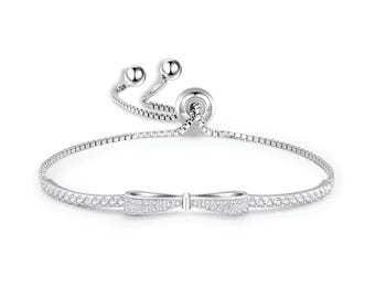 925 Sterling Silver Pave Bow Bracelet, Square Link Chain Cubic Zirconia, Jewelry for Women, Gift for Her