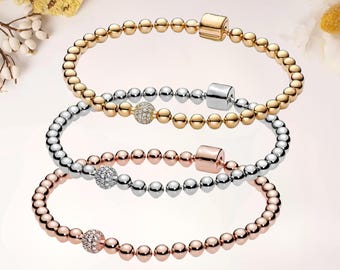 Sterling Silver Ball Chain Bracelet Pandora Style, Gold, Rose Gold Plated, Cubic Zirconia Crystal Jewelry