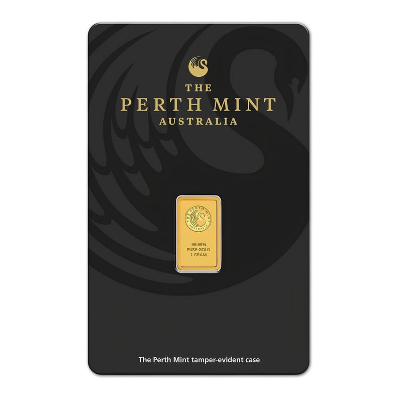May include: A 1 gram gold bar encased in a black tamper-evident card. The gold bar features the Perth Mint logo and text reading 99.99% PURE GOLD 1 GRAM. The black card displays the Perth Mint Australia logo and text at the bottom.