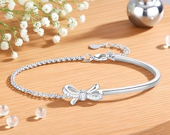 925 Sterling Silver Bracelet, CZ Bow Bangle, Cubic Zirconia Pave Jewelry
