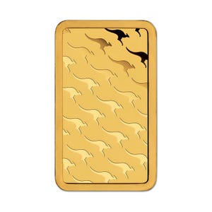 May include: A rectangular gold bullion bar featuring a repeating pattern of embossed kangaroo silhouettes across the surface. The design consists of multiple stylized jumping kangaroos arranged in diagonal rows against a smooth, polished gold background.