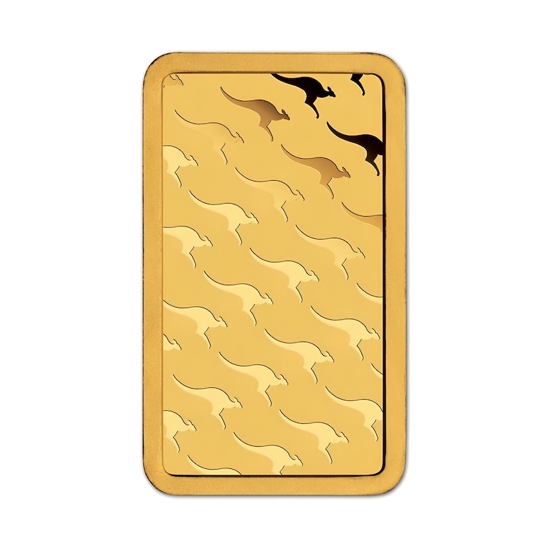 May include: A rectangular gold bullion bar featuring a repeating pattern of embossed kangaroo silhouettes across the surface. The design consists of multiple stylized jumping kangaroos arranged in diagonal rows against a smooth, polished gold background.