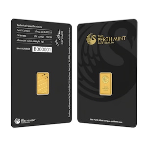 May include: A 1 gram gold bar from The Perth Mint, Australia, encased in a black tamper-evident card. The front displays the mint logo and gold purity, while the back lists technical specifications including 0.03215 troy oz and bar number B000001.