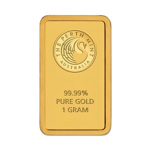 May include: A rectangular 1 gram gold bar with rounded corners. The surface features an embossed circular logo of a swan surrounded by the text THE PERTH MINT AUSTRALIA. Below the logo, the text reads 99.99% PURE GOLD and 1 GRAM.