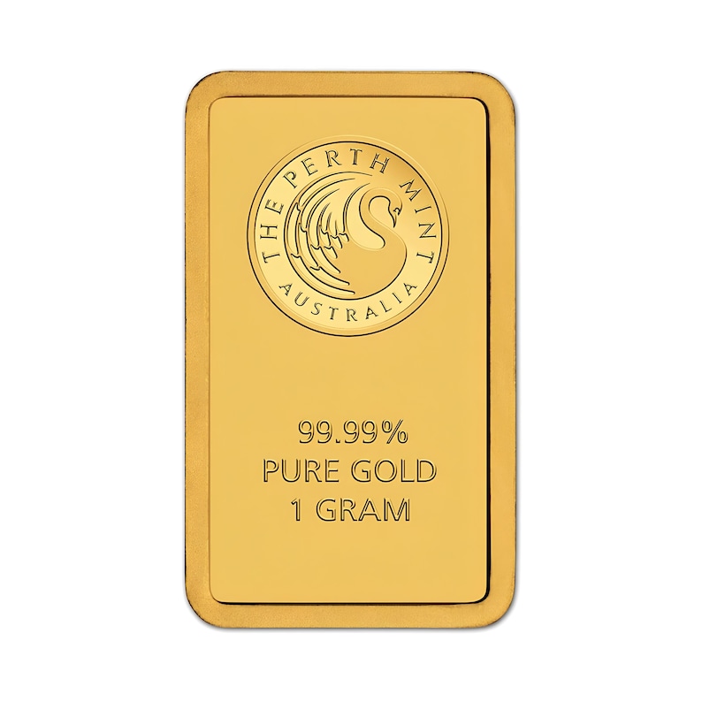 May include: A rectangular 1 gram gold bar with rounded corners. The surface features an embossed circular logo of a swan surrounded by the text THE PERTH MINT AUSTRALIA. Below the logo, the text reads 99.99% PURE GOLD and 1 GRAM.