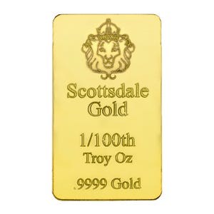 May include: A rectangular gold bar with rounded corners. The bar features the text "Scottsdale Gold", "1/100th Troy Oz", and ".9999 Gold". An ornate lion's head with a crown is at the top. The bar is a bright, shiny gold color.
