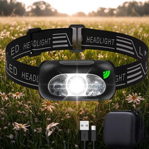 May include: Black LED head torch with a bright central light and two smaller side lights. The adjustable headband has the word "HEADLIGHT" printed on it. Includes a USB charging cable and a small black carrying case. Shown in a field of wildflowers.