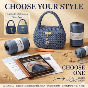 May include: A blue crochet handbag with a matching handle, gold-colored deer charm, and a spool of blue yarn. The image also shows a tablet displaying a crochet tutorial, crochet hook, and the text "CHOOSE YOUR STYLE".