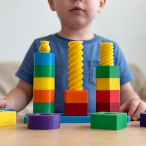 Pode incluir: Um brinquedo de empilhamento de madeira colorido com três torres de blocos vermelhos, laranja, amarelo, verde e azul. Cada torre tem uma peça superior amarela única. Formas geométricas adicionais estão espalhadas ao redor da base.