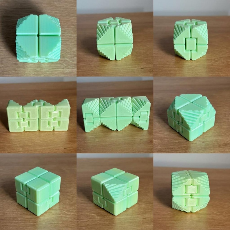 May include: A collection of light green fidget cubes in various configurations. Each cube is composed of smaller, articulated blocks with textured surfaces. The cubes are displayed in different positions, showcasing their flexibility and design.