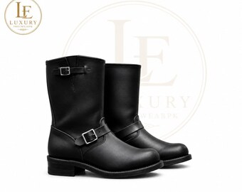 Men’s Black Leather Biker Boots – Handmade Ankle Strap Motorcycle Boots – Classic Buckle Boots for Men