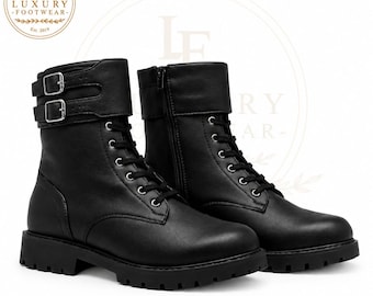 Handmade Black Leather Biker Boots | Lace-Up Combat Motorcycle Footwear