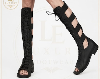 Black Leather Knee-High Gladiator Sandals | Lace Up Open Toe Roman Boots