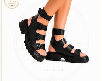 Black Leather Gladiator Platform Sandals | Chunky Buckle Gothic Summer Footwear