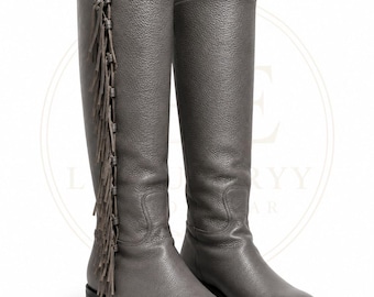 Custom Gray Leather Fringe Riding Boots – Knee High Handmade Western Inspired Boots