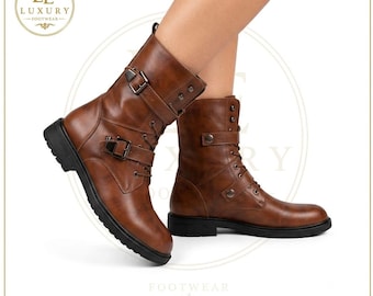 Brown Leather Combat Boots | Women's Lace-Up Mid Calf Biker Footwear