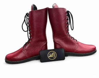 Red Leather Combat Boots | Lace-Up Biker Military Style Footwear