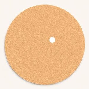 May include: A circular, light orange sanding disc with a textured, abrasive surface. The disc features a single, small, circular hole positioned off-center, designed for attachment to power tools for smoothing and finishing various surfaces.