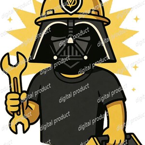 Puede incluir: Una ilustración de dibujos animados de un personaje con una máscara negra y un casco de construcción amarillo con un emblema de escudo. El personaje viste una camiseta negra, sostiene una llave inglesa amarilla y lleva una caja de herramientas.