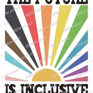 Puede incluir: Un diseño gráfico que presenta el texto THE FUTURE en la parte superior e IS INCLUSIVE en la parte inferior en letras negras en negrita. Entre el texto hay un patrón de rayos de sol estilizado con haces radiantes en tonos marrón, rojo, naranja, amarillo, verde, azul y morado.