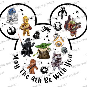 Puede incluir: Un diseño gráfico con personajes de Star Wars dispuestos en una silueta de cabeza de Mickey Mouse. Los personajes incluyen a R2-D2, C-3PO, Darth Vader, Grogu, BB-8, Boba Fett, Chewbacca y un Stormtrooper. El texto dice May The 4th Be With You.