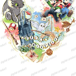 Episch universum PNG, Super Mario Luigi clipart, Toothless Hedwig sublimatie, aquarel digitale download, crossover DTF-ontwerp