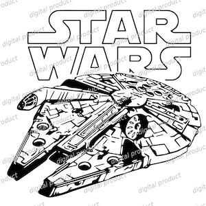 Könnte beinhalten: Eine schwarz-weiße grafische Illustration mit dem Star Wars-Logo in einer fetten Umriss-Schriftart über einer detaillierten Strichzeichnung des Millennium Falcon-Raumschiffs, die dessen ikonische Kreisform und mechanische Oberfläche zeigt.