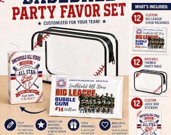 Baseball Team Gift Bag Set Youth Sports Party Favor Personalized Player Appreciation Tournament Goodie Custom Snack Package Sticker Juice