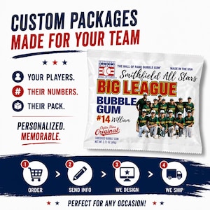 May include: A white bag of "Big League Bubble Gum" with a baseball team photo. The text reads "Custom Packages Made For Your Team" and "Personalized, Memorable." The bag contains 2.12 oz (60g) of shredded bubble gum.