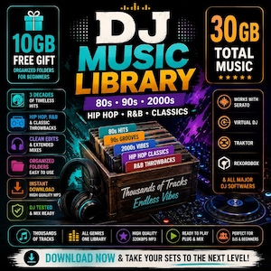 以下が含まれることがあります： 80年代、90年代、2000年代のヒップホップ、R&B、クラシックを含む30GBのDJミュージックライブラリー。画像には、音楽フォルダーが入った木箱、ヘッドフォン、DJコントローラー、およびテキストが表示されています。