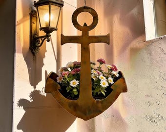 Rustic Anchor Hanging Planter, Metal Nautical Garden Decor, Vintage Weathered Wall Art