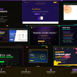 Könnte beinhalten: Grafik mit acht exklusiven Website-Designs für Nachhilfe. Die Designs sind nach Themen wie Akademisch, Online, Prüfungsvorbereitung, Kreativ, Musik und Sport unterteilt. Merkmale sind benutzerdefiniertes HTML/CSS, 7-Tage-Lieferung und einzigartige Stile.