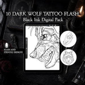 May include: Digital art pack featuring 10 dark wolf tattoo flash designs in black ink. The designs include a detailed wolf head, a wolf skull, and a wolf portrait. The text on the image reads "10 Dark Wolf Tattoo Flash Black Ink Digital Pack" and "Flash and Stencils Designs."