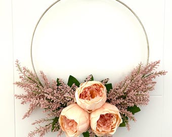 Peony Wreath, Blush Pink Artificial Peony Gold Hoop Wreath, Modern Spring & Summer Wreath, Front Door Decor, Nursery Wall Decor