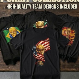 May include: Three black t-shirts featuring World Cup 2026 graphics. The center shirt displays a gold trophy with the American flag. The left shirt shows the Brazilian flag, and the right shirt shows the Spanish flag. Text reads WORLD CUP 2026.