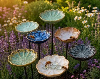 Handgemachter keramischer Bienen-Bad-Garten-Pfahl, Bestäuber-Wasser-Feeder, Blumen-Dekor