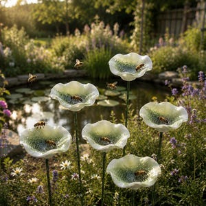 May include: Glass flower garden stakes with bees. The stakes have a white, scalloped flower shape with a green, speckled interior. Bees are perched on the flowers and flying around them. The stakes are in a garden setting with a pond in the background.