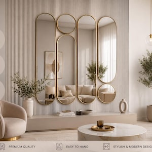 May include: A set of six wall-mounted mirrors with thin gold frames, featuring two tall vertical oval mirrors, two smaller vertical oval mirrors, and two circular mirrors arranged in a cluster on a vertical slat wall paneling background.