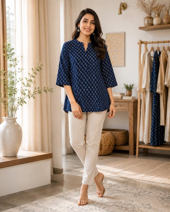 Blue Cotton Short Kurti, Hand Block Print Tunic Top, Relaxed Fit Summer Ethnic Wear