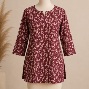 Maroon Botanical Print Cotton Kurti, Short Ethnic Tunic Top image 7