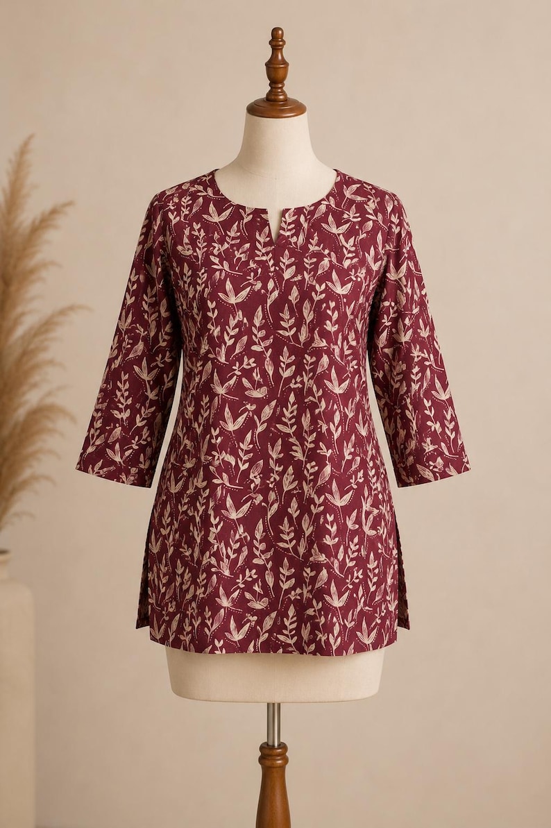 Maroon Botanical Print Cotton Kurti, Short Ethnic Tunic Top image 7
