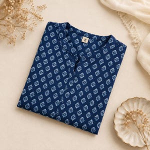 Blue Cotton Short Kurti, Hand Block Print Tunic Top, Relaxed Fit Summer Ethnic Wear image 7