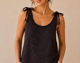 Black Printed Sleeveless Short Kurti for Women, Cotton Summer Top, Tie Strap Kurti