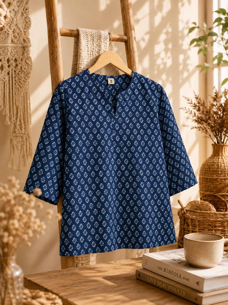 May include: A dark blue tunic with a white repeating geometric floral pattern, featuring three-quarter length sleeves and a notched V-neckline. The garment has a straight hem and a small white tag at the inner collar labeled with the letter M.